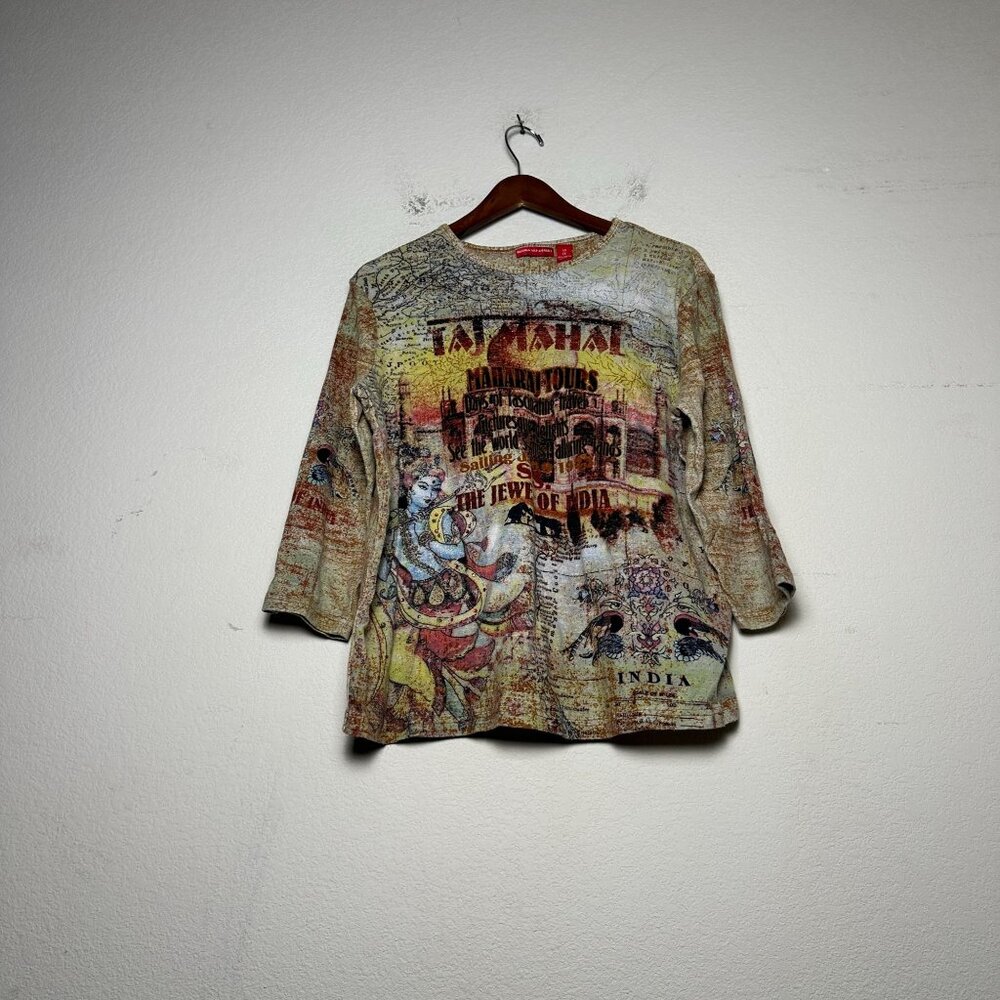 Y2K Gloria Vanderbilt Taj Mahal Cropped Shirt Women 1X Abstract Graphic India